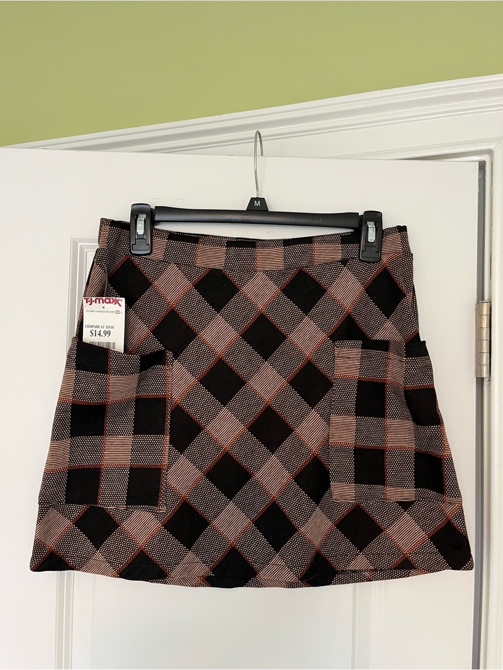 Plaid Mini Skirt with Front Patch Pockets — Black and Brown